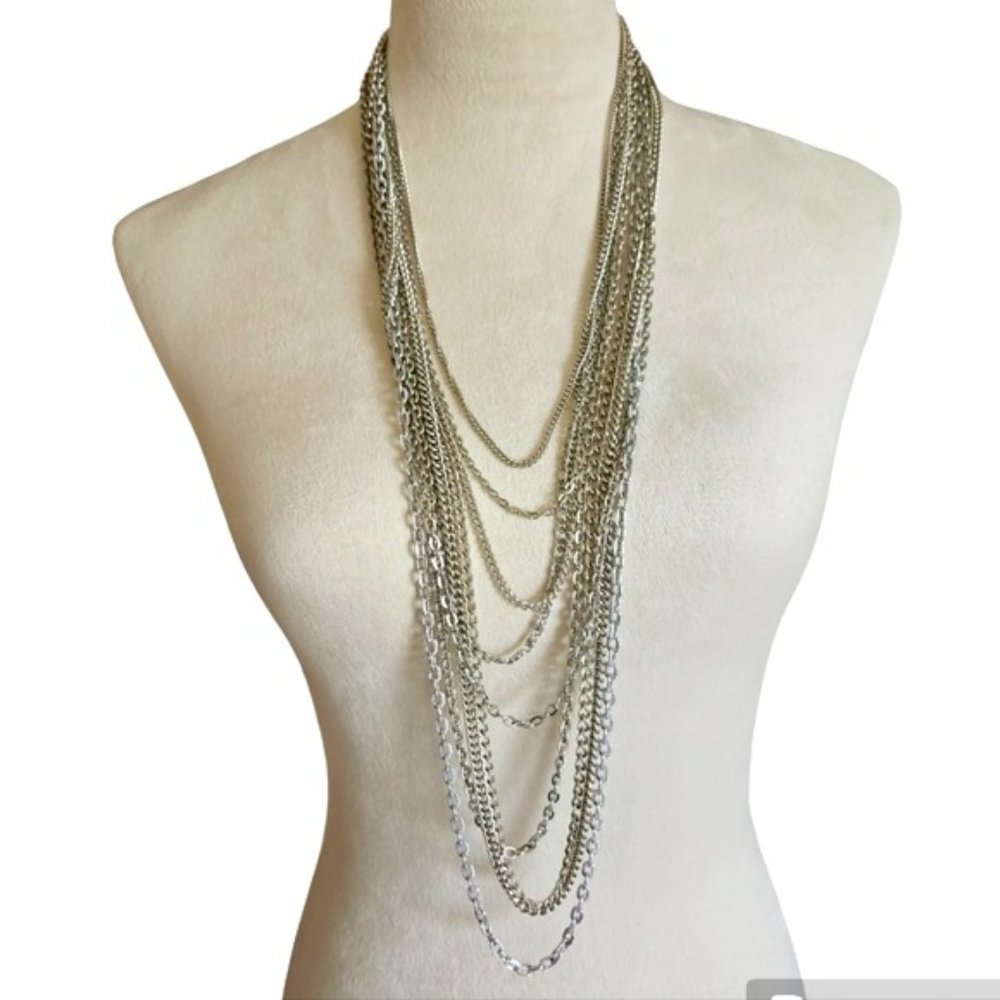 Silver toned multi chain layered look necklace EUC